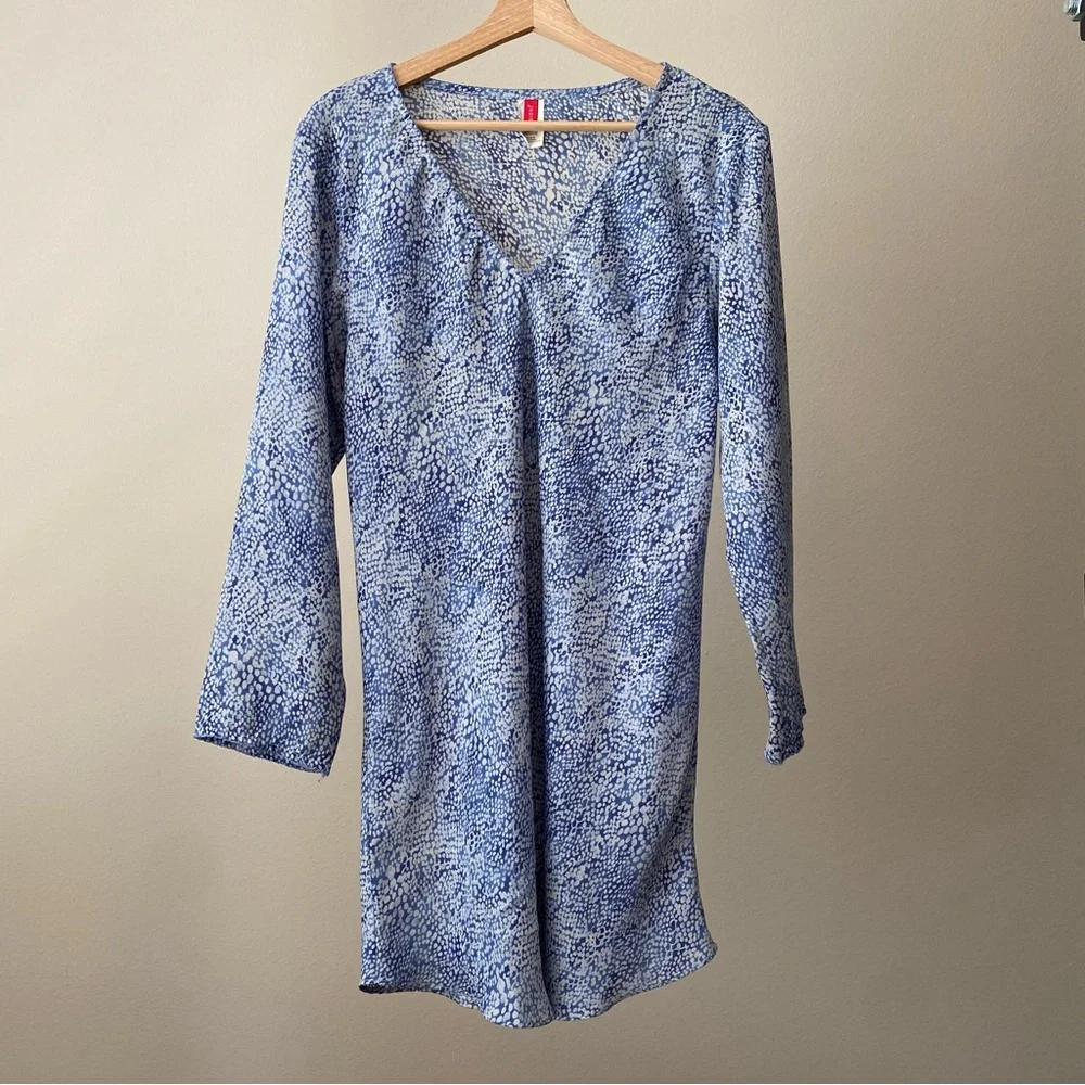 Natori Josie V Neck Long Sleeve Tunic Mini Dress Snake Animal Print Medium Blue